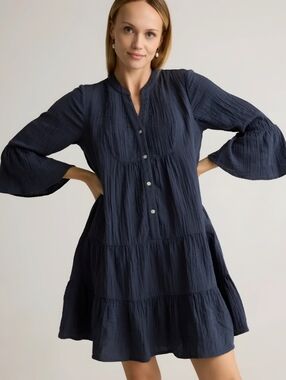 Quince Organic Cotton Gauze Tiered Blue Gray Dress, M